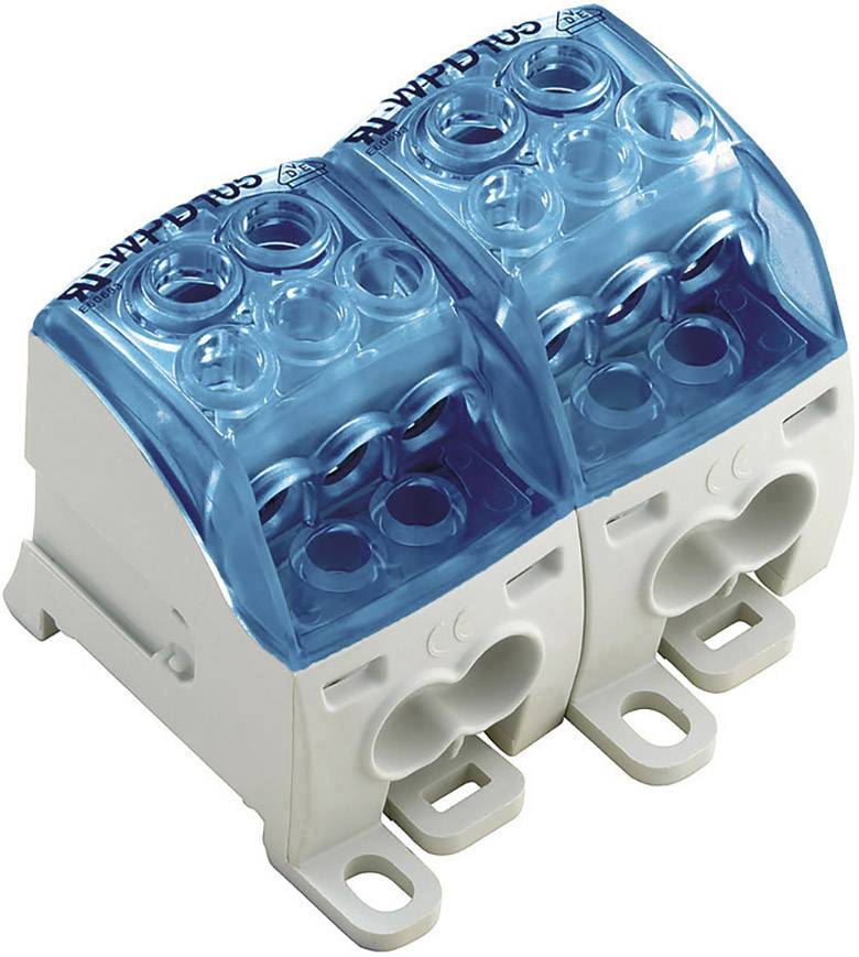 Zweipoliger elektrischer Klemmblock mit blauen, transparenten Abdeckungen zur sicheren Verbindung elektrischer Leitungen.
