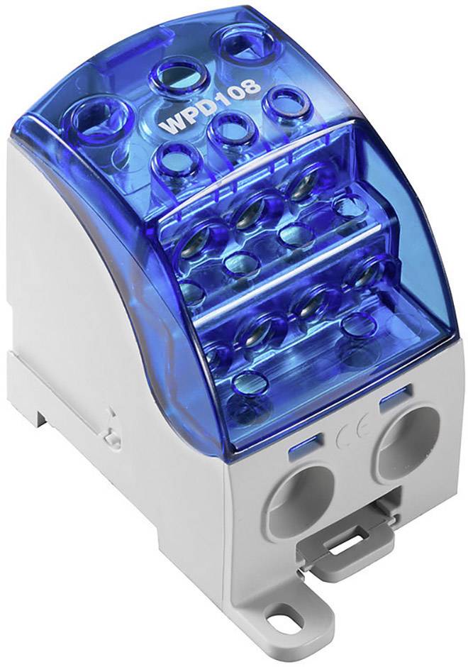 Blauer elektrischer Anschlussblock mit Bezeichnung 'WPD108', geeignet zur Verbindung mehrerer Kabel in elektrischen Installationen.