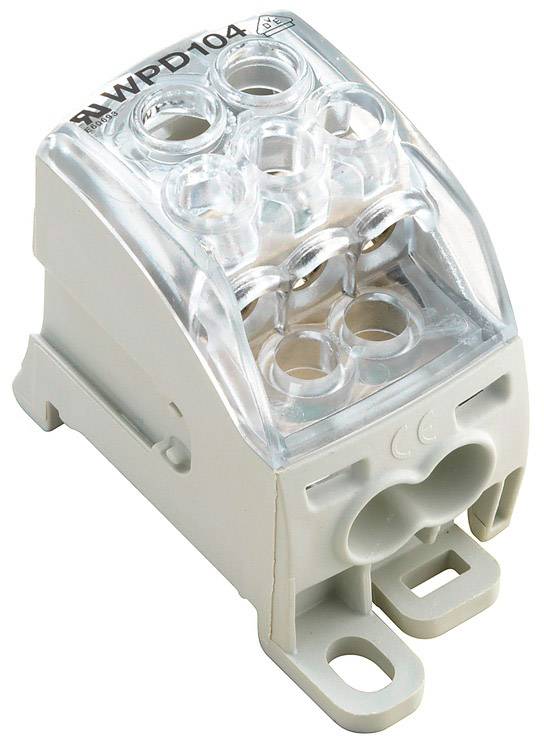 Ein transparenter elektrischer Verteilerblock mit mehreren Anschlussstellen und Beschriftung 'RM-WPD104' oben.