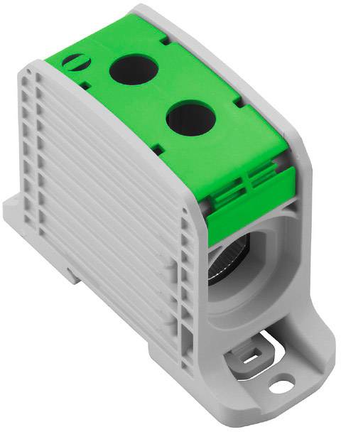 Ein graues und grünes elektrisches Anschlussklemmelement mit zwei großen verbindungsfähigen Öffnungen oben. Das Design ist kompakt und stabil.