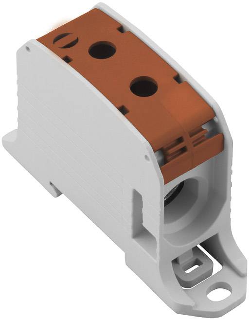 Ein graues, rechteckiges elektrisches Bauteil mit zwei runden Öffnungen und brauner Abdeckung, montierbar an einer Oberfläche.