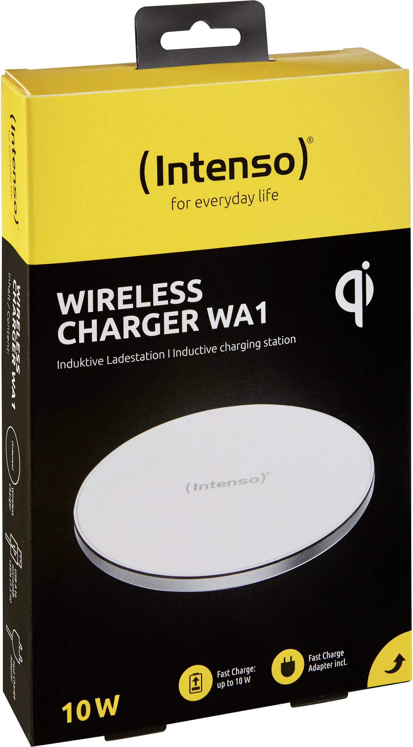 Draufsicht einer Produktverpackung für ein kabelloses Ladegerät der Marke Intenso, Modell WA1, mit 10W Leistung.