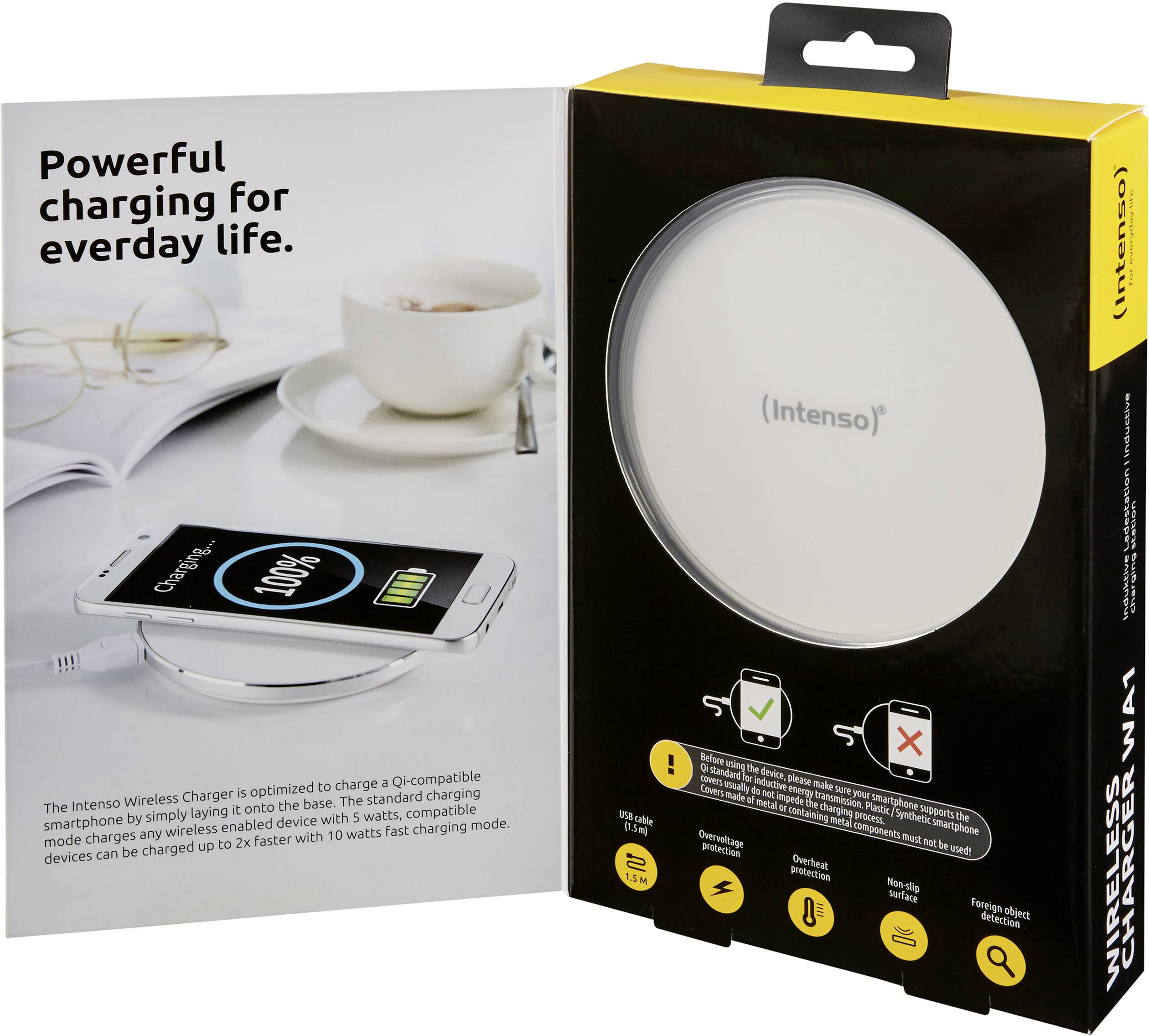 Kabellose Ladestation im geöffneten Karton neben Bild eines Smartphones mit Ladeanzeige, Slogan 'Powerful charging for everyday life'.