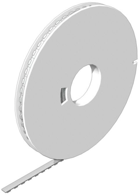 Illustration einer runden, weiß-grauen Spule mit eingefädeltem Band; dient zur sauberen Verteilung von Material oder Kabel.