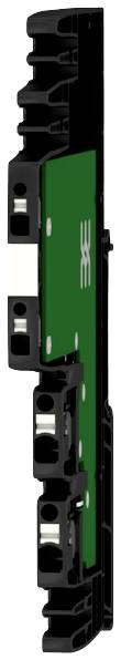 Vertikale Nahaufnahme eines elektronischen Bauteils mit schwarzem Gehäuse und grünem Innenleben, das technische Komponenten zeigt.