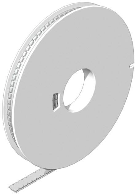 Eine runde, flache Rolle mit einem zentralen Loch und geripptem Rand. Ein Stück Band ragt aus der Rolle heraus.