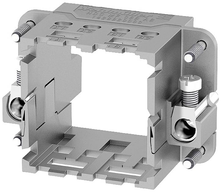 Ein rechteckiger, grauer Halterahmen mit Schrauben und Federn, verwendet für die mechanische Befestigung in elektrischen Anwendungen.