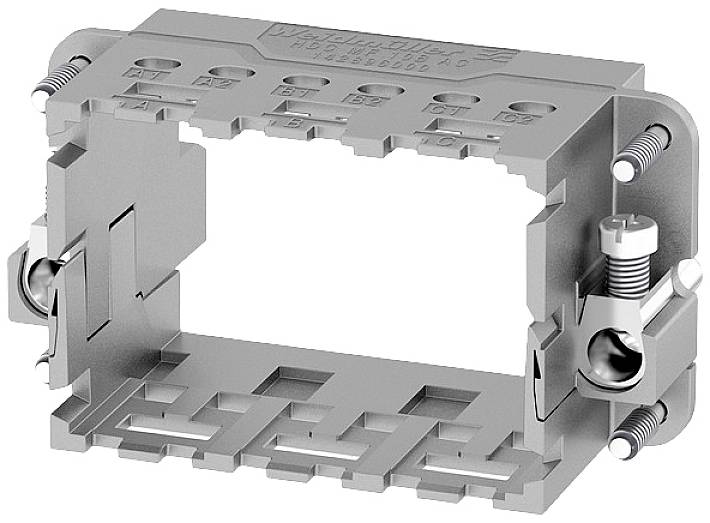 Graues rechteckiges Kunststoff-Bauteil mit mehreren Öffnungen und Schrauben, vermutlich ein Klemmenblock oder Montageelement.
