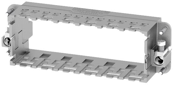 Metallhalterung für DIN-Schienenmontage mit rechteckiger Öffnung in der Mitte. Geeignet für industrielle Anwendungen.