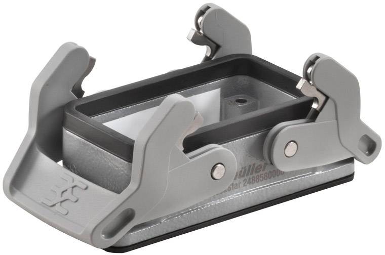 Ein rechteckiges, graues, industrielles Teil, vermutlich ein Steckverbindergehäuse mit vier Metallclipverschlüssen.