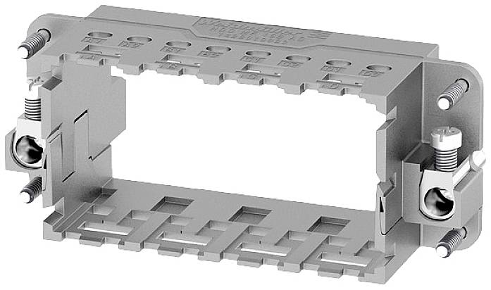 Metallischer rechteckiger Steckverbinderadapter mit Schrauben auf beiden Seiten, geeignet zur Montage in einem elektrischen Gehäuse.