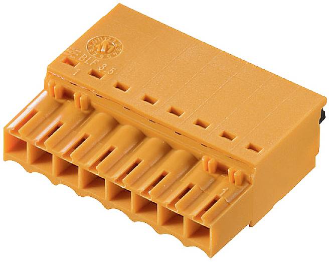 Ein orangefarbener, rechteckiger Steckverbinder mit mehreren Anschlussklemmen für elektrische Verbindungen.