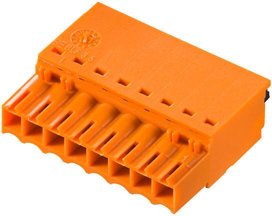 Ein orangefarbener elektrischer Steckverbinder mit mehreren Anschlussklemmen für den Einsatz in elektrischen Installationen.