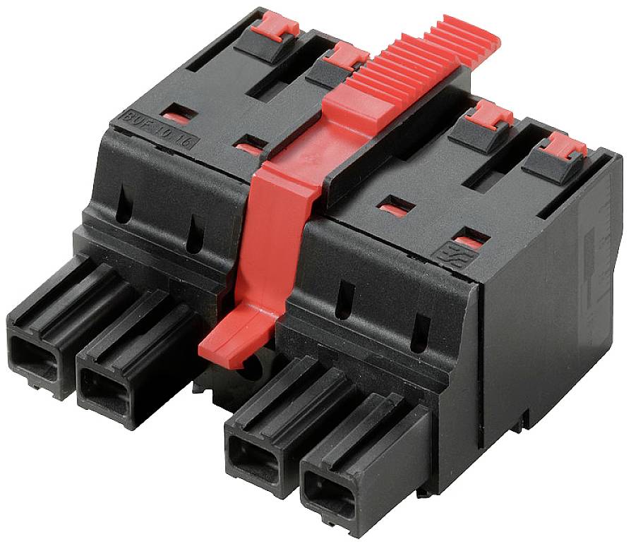 Zweipoliger elektrischer Steckverbinder in Schwarz und Rot, mit mehreren Anschlussbuchsen. Verwendet in industriellen Anwendungen.