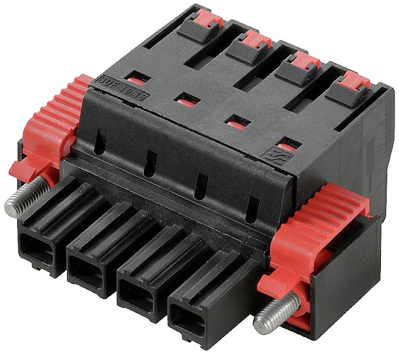 Kunststoffverbinder mit sechs schwarzen Anschlüssen und roten Verriegelungen, geeignet für elektronische Verbindungen und sichere Montage.