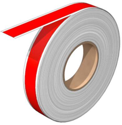 Eine große Rolle Klebeband mit rotem Rand und weißer Mitte, teilweise abgerollt.