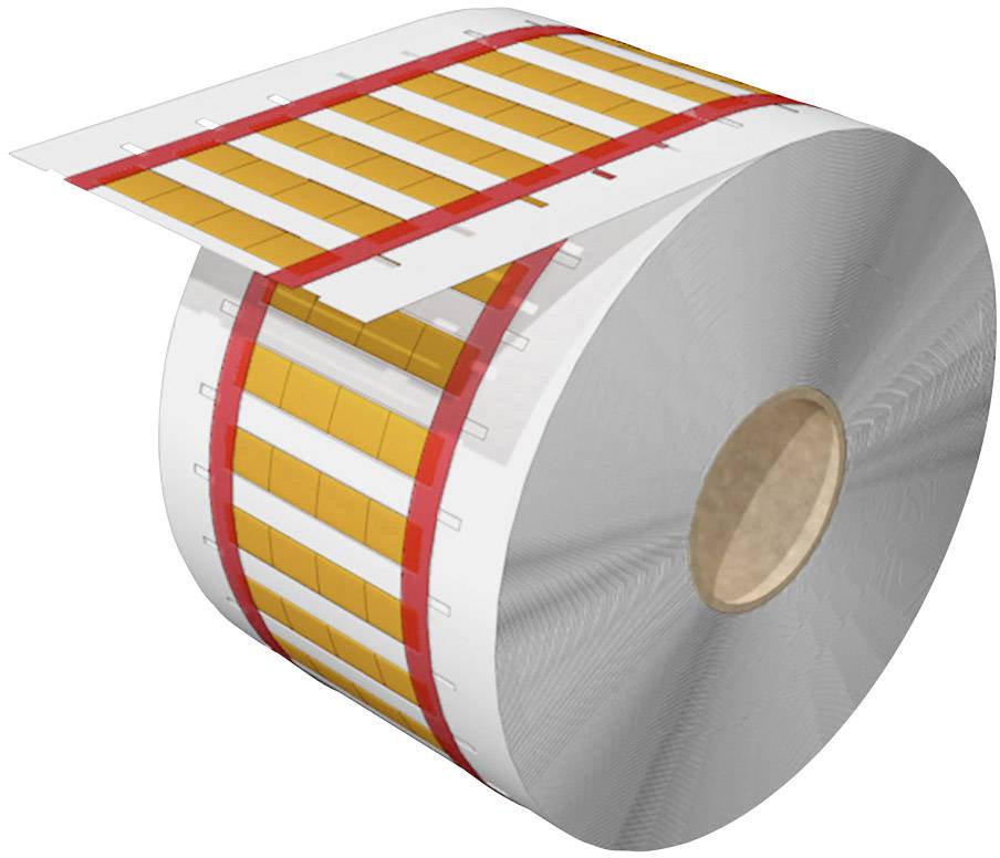 Große Rolle aus silbernem Material mit darauf gelegten weißen Etiketten mit gelben Streifen; Etiketten sind durch rote Linien unterteilt.