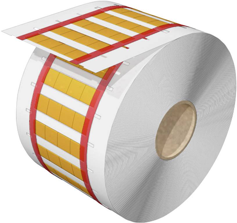 Rolle mit selbstklebenden Etiketten in orange und weiß, rot markiert.