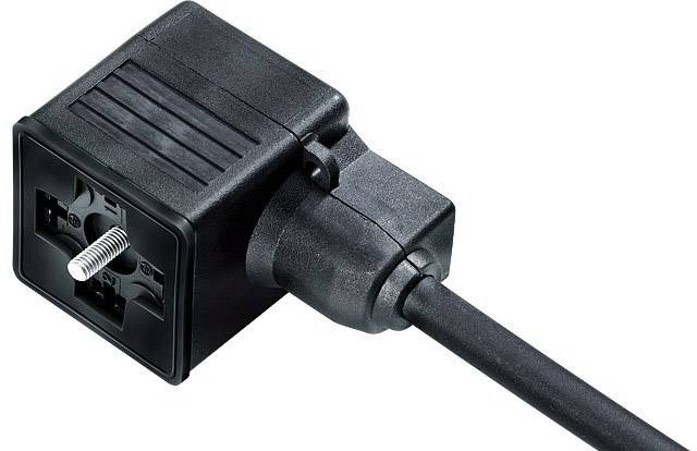 Ein schwarzer, quadratischer Netzstecker mit einem Kabel, das seitlich angebracht ist.