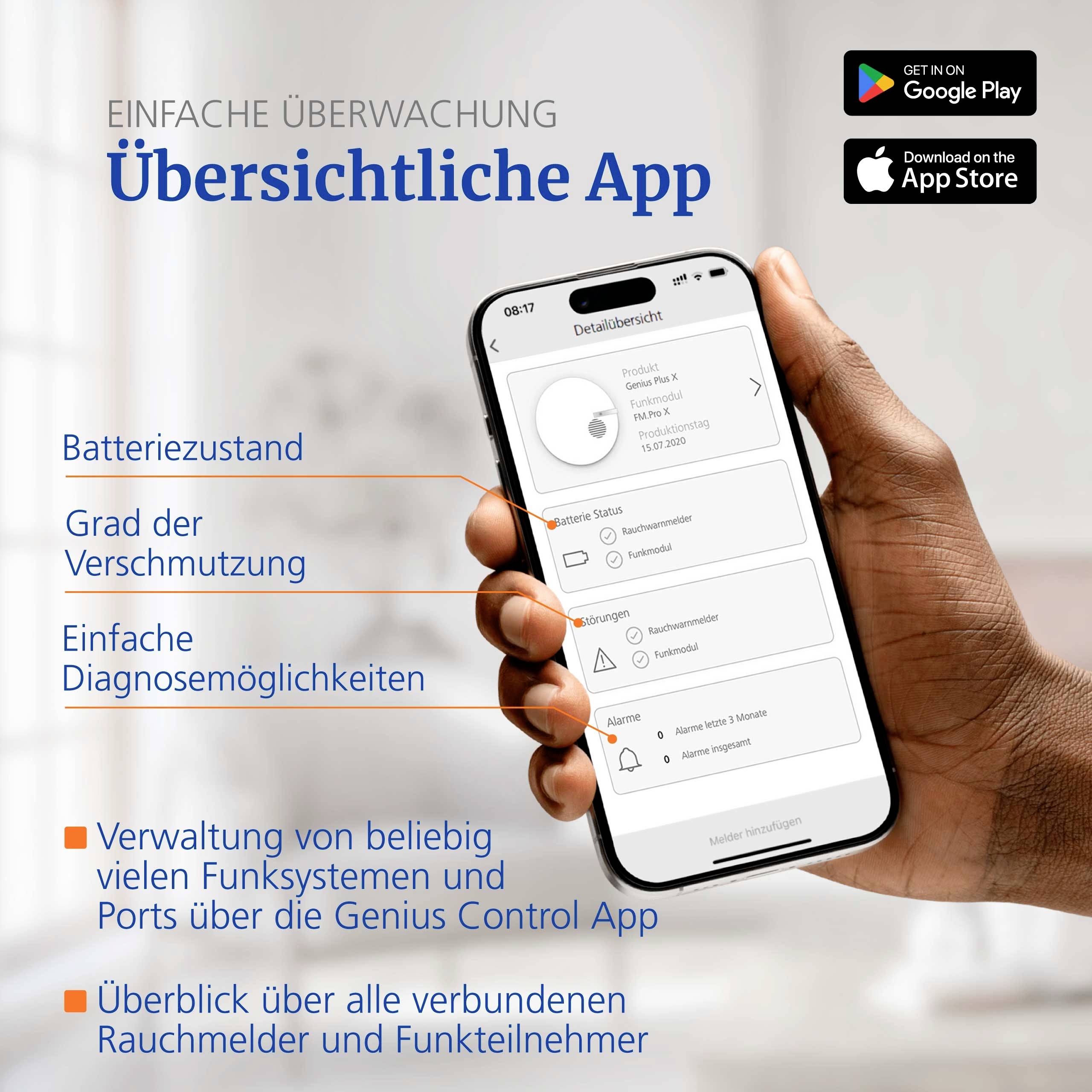 Eine Hand hält ein Smartphone, auf dessen Bildschirm eine App-Oberfläche mit Optionen wie Akkustatus und Diagnosen zu sehen ist. Der Text hebt die Funktionen der App hervor.