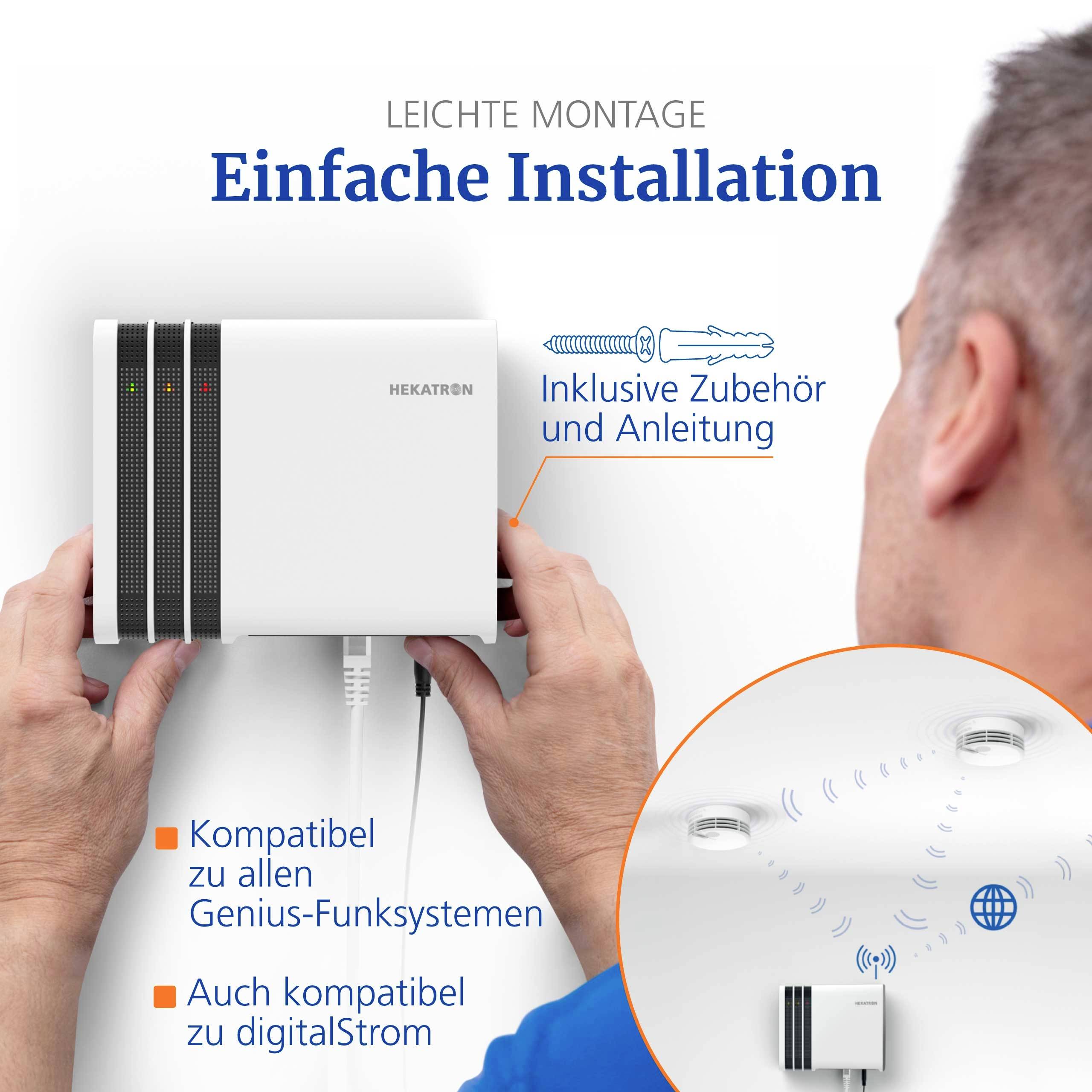 Eine Person installiert ein Hekatron-Gerät, wobei Text mit 'Einfache Installation' und kompatiblen Systemen hervorgehoben wird. Inklusive Zubehör und Anleitung.