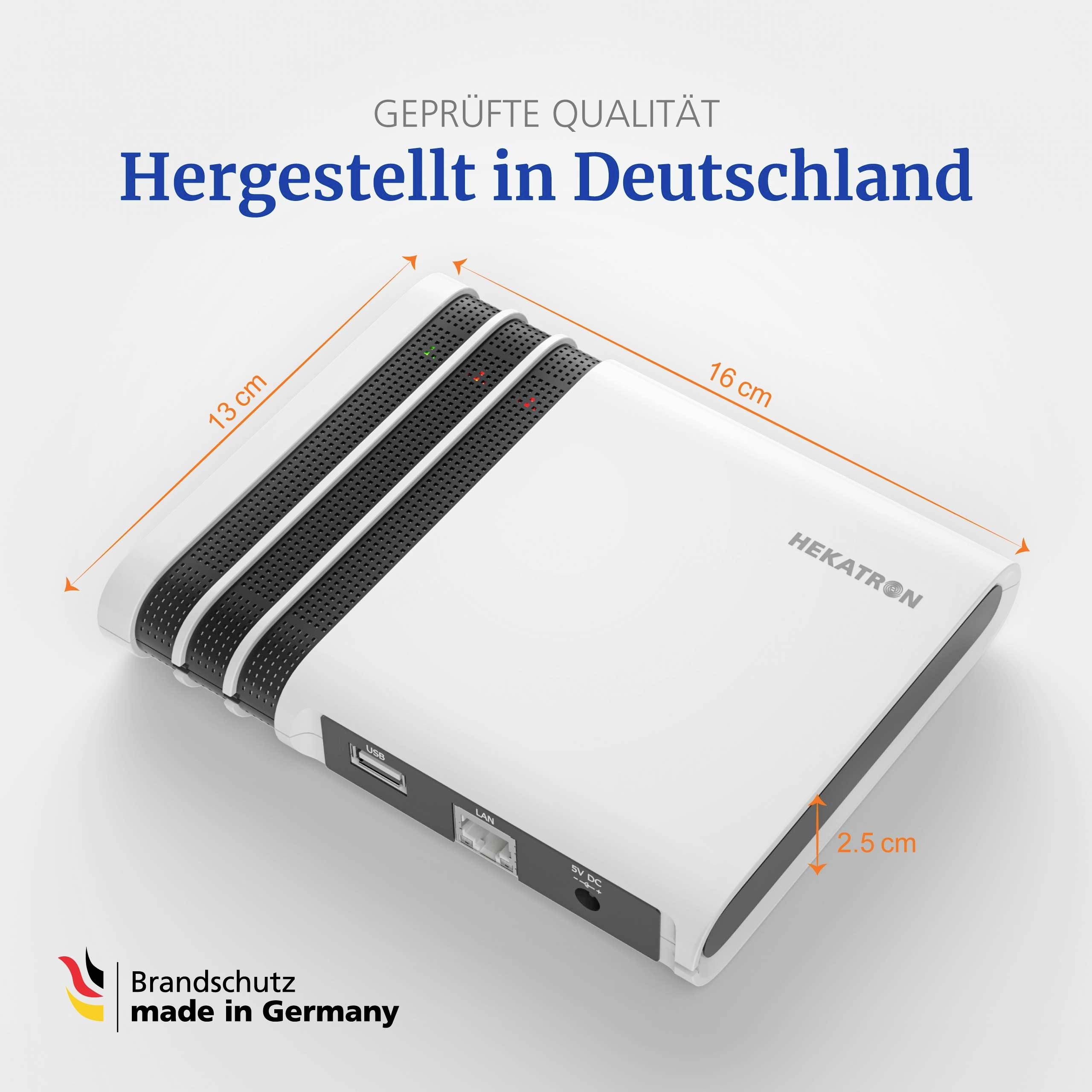 Ein weißes Gerät mit beschrifteten Abmessungen: 16 cm (Breite), 13 cm (Tiefe), 2,5 cm (Höhe). Text lautet: 'Geprüfte Qualität, Hergestellt in Deutschland'.