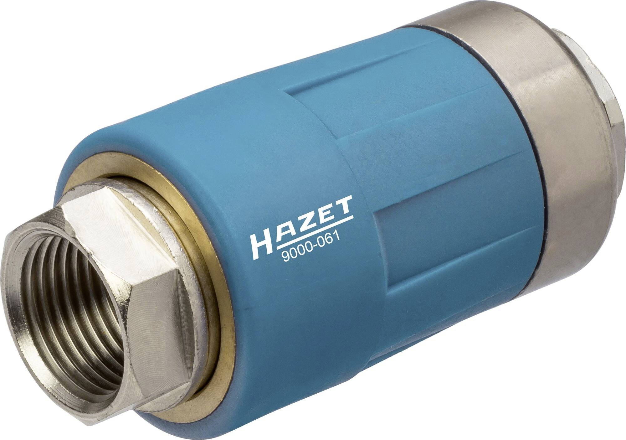 Metallener Schnellverschluss-Kupplungsstecker mit blauem Kunststoffgehäuse, Produktnummer 'Hazet 9000-061', für Druckluftsysteme.