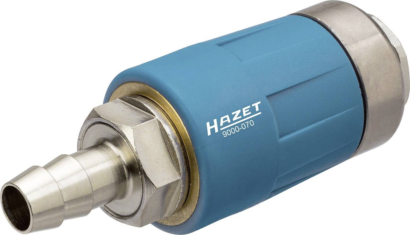 Luftkupplung aus Metall und Kunststoff in Blau und Silber, mit Aufschrift 'Hazet 9000-070', verwendet zur Verbindung von Druckluftschläuchen.