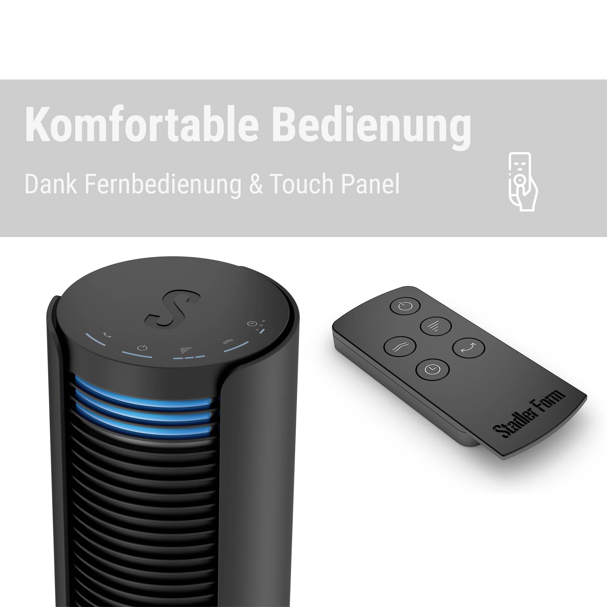 Stadler Form Peter schwarz Turmventilator 60W (Ø x H) 24cm x 1090mm Schwarz, Silber Oszillierend, Timer, mit Fernbedienung