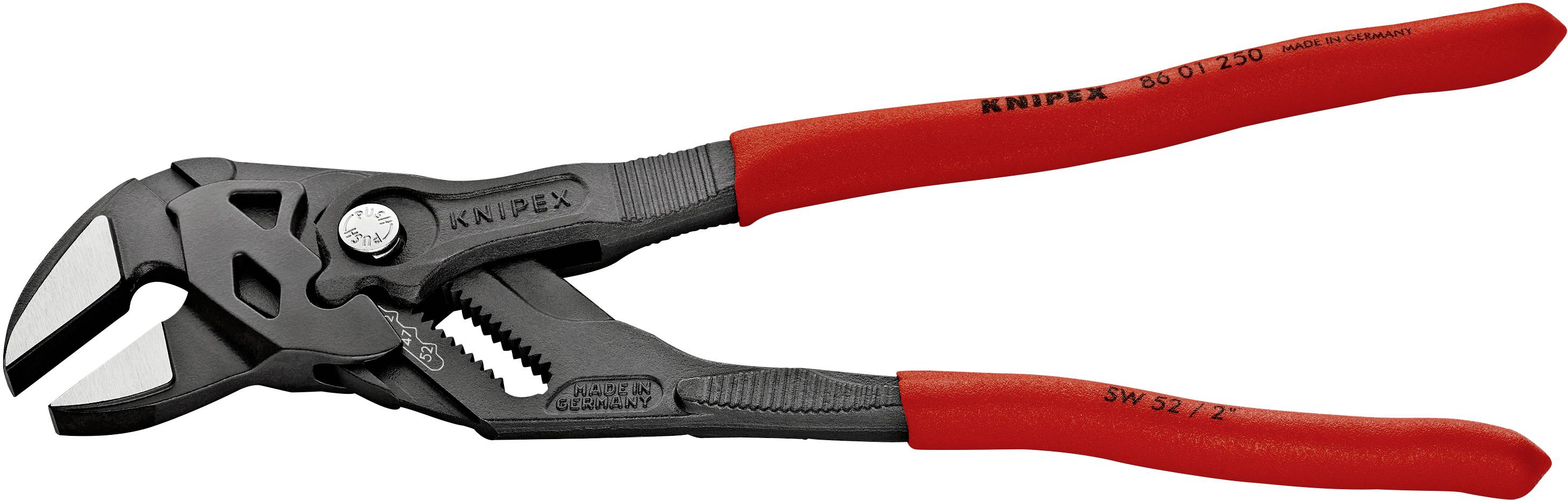 Eine rote Zangenschlüssel mit einstellbarer Greifweite von der Marke Knipex, verwendet für vielseitige Greif- und Halteaufgaben.