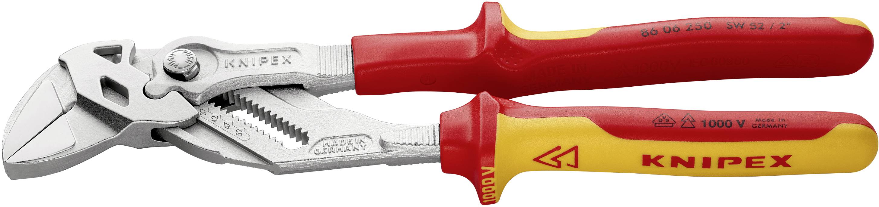 Eine rote Zange mit zwei Griffen, gekennzeichnet als Knipex-Marke, geeignet für bis zu 1000 V Spannung.