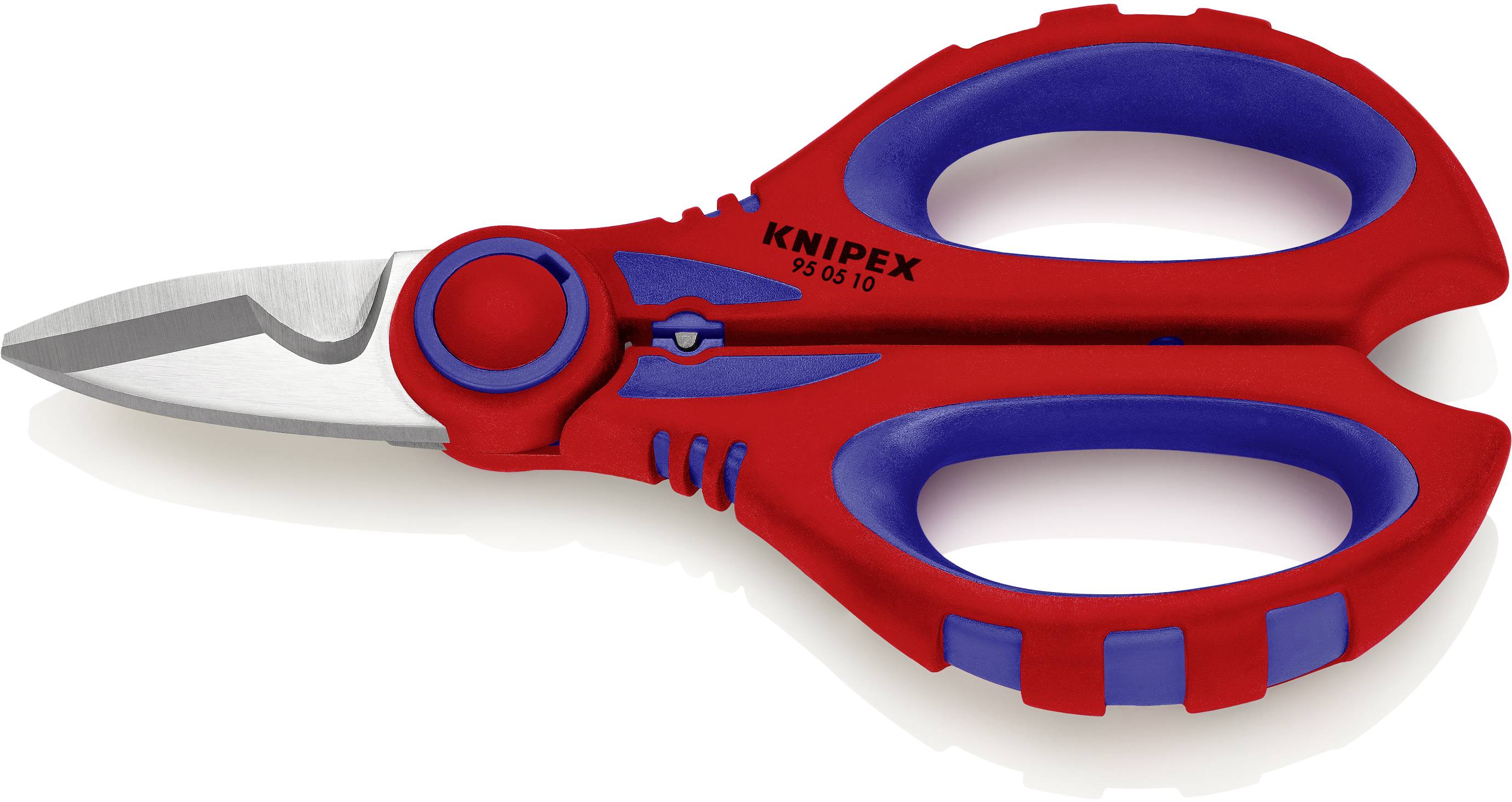 Eine rote und blaue Kabelschere mit gebogener Klinge, geeignet zum Schneiden von verschiedenen Materialien.