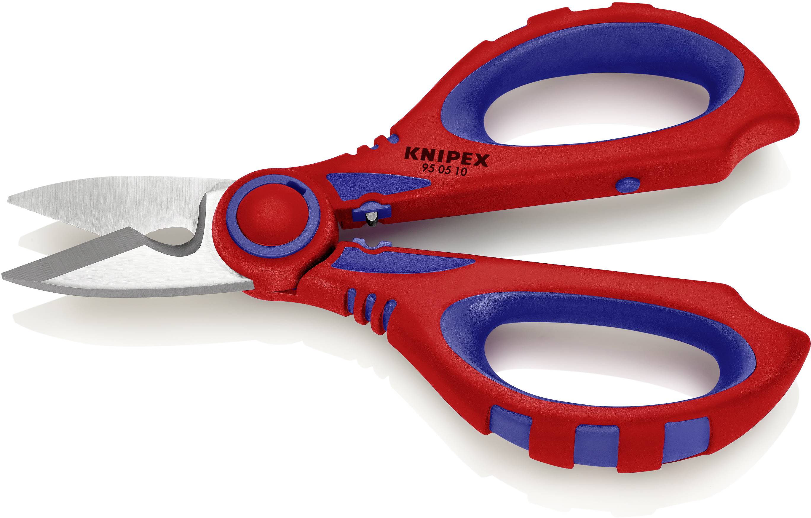 Rote und blaue elektrische Kabelschere mit ergonomischen Griffen für präzises Schneiden von Drähten.