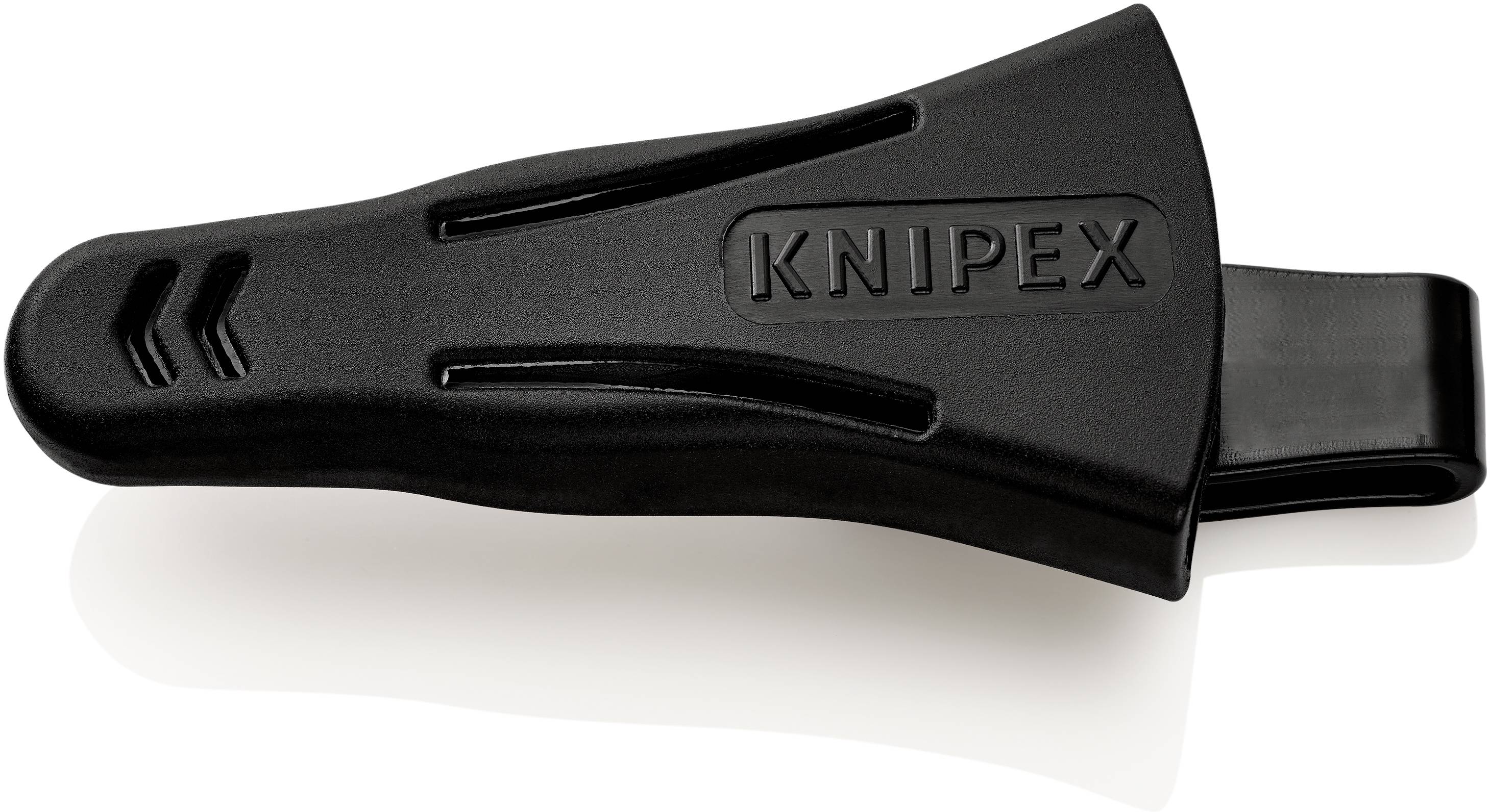 Schwarzer Kunststoff-Halfter für Zangen, mit Knipex-Logo und Clip, zur Befestigung an Gürtel oder Kleidung.
