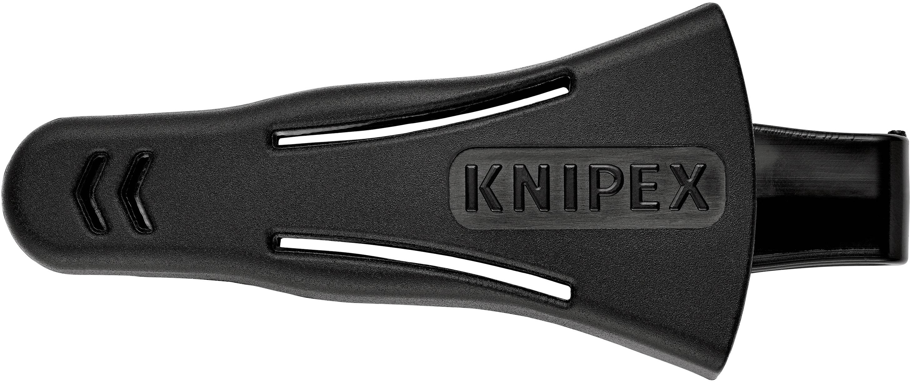 Ein schwarzer Gürtelclip mit dem Logo 'KNIPEX' darauf, hauptsächlich zur Befestigung von Werkzeugen am Gürtel gedacht.