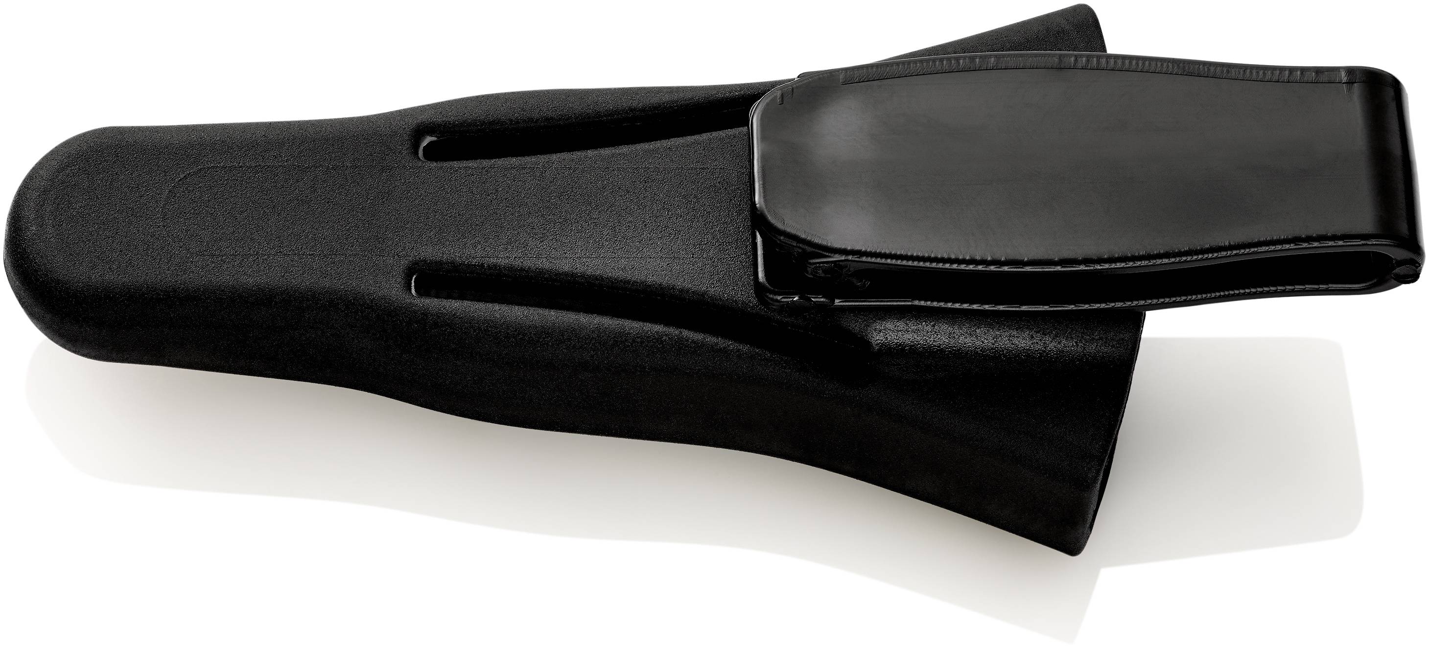Eine schwarze Polstermöbel-Armlehne, ergonomisch geformt, passend für viele Bürostühle. Ideal für komfortables Sitzen und Unterstützung.