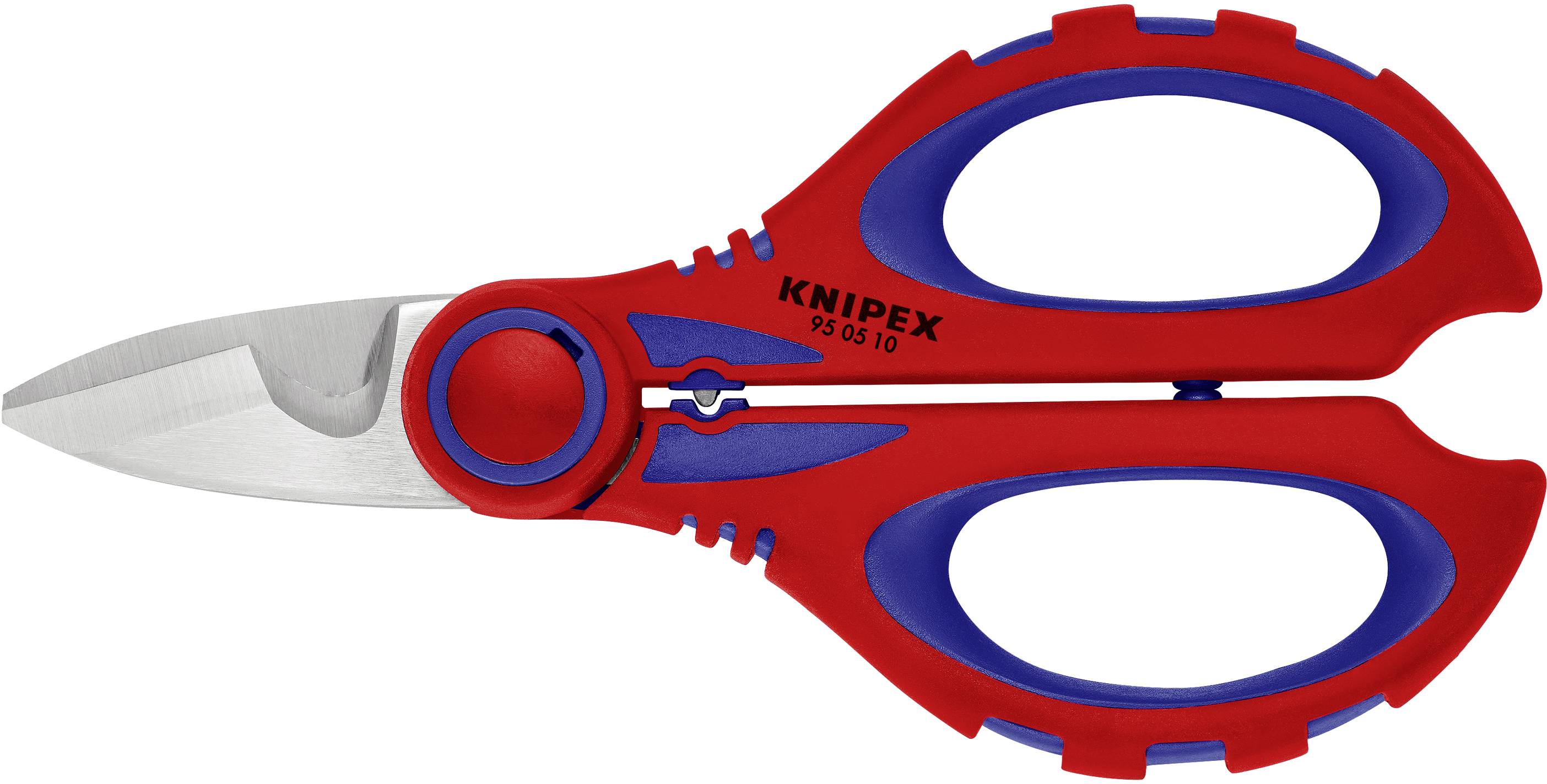 Eine rote und blaue Schere mit ergonomischem Griff und integriertem Kabelschneider.