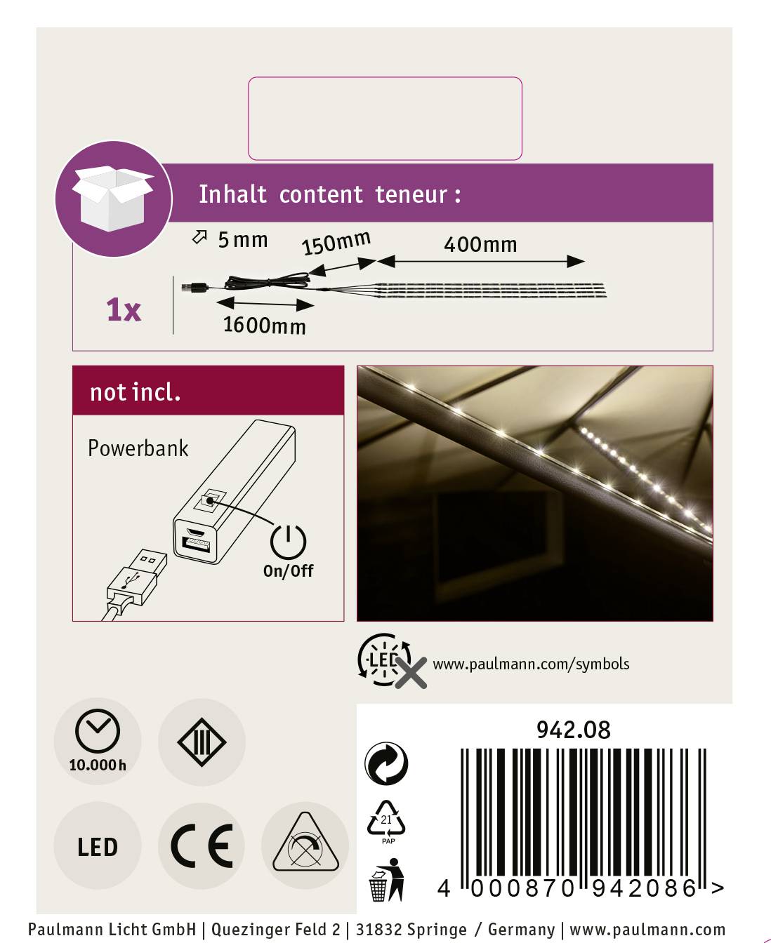 Inhalt: 1x LED-Leiste 1600mm, Lichtfarbe nicht spezifiziert. Inkl. Dimmer. Powerbank nicht enthalten. Verwendungssymbole unten.
