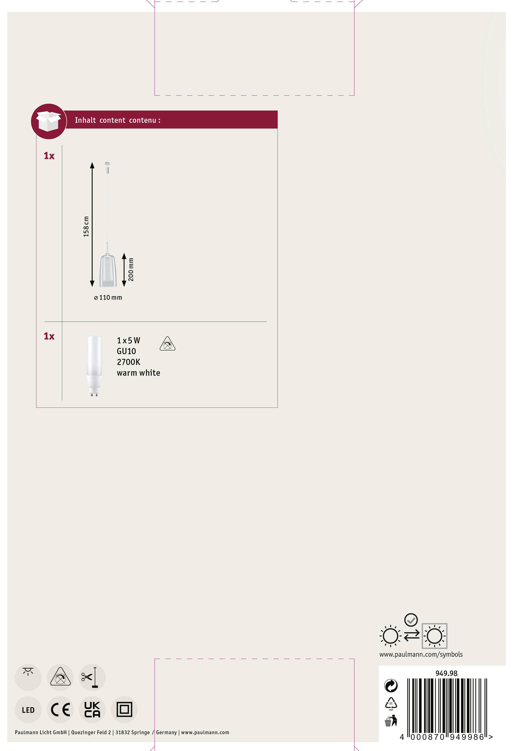 Paulmann Arido II Pendelleuchte URail GU10 5W LED Chrom (matt)