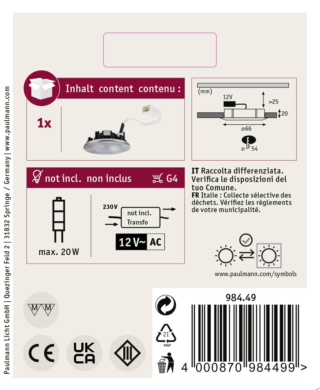 Paulmann 98449 Structure Einbauleuchte LED, Halogen G4 20W Eisen (gebürstet)