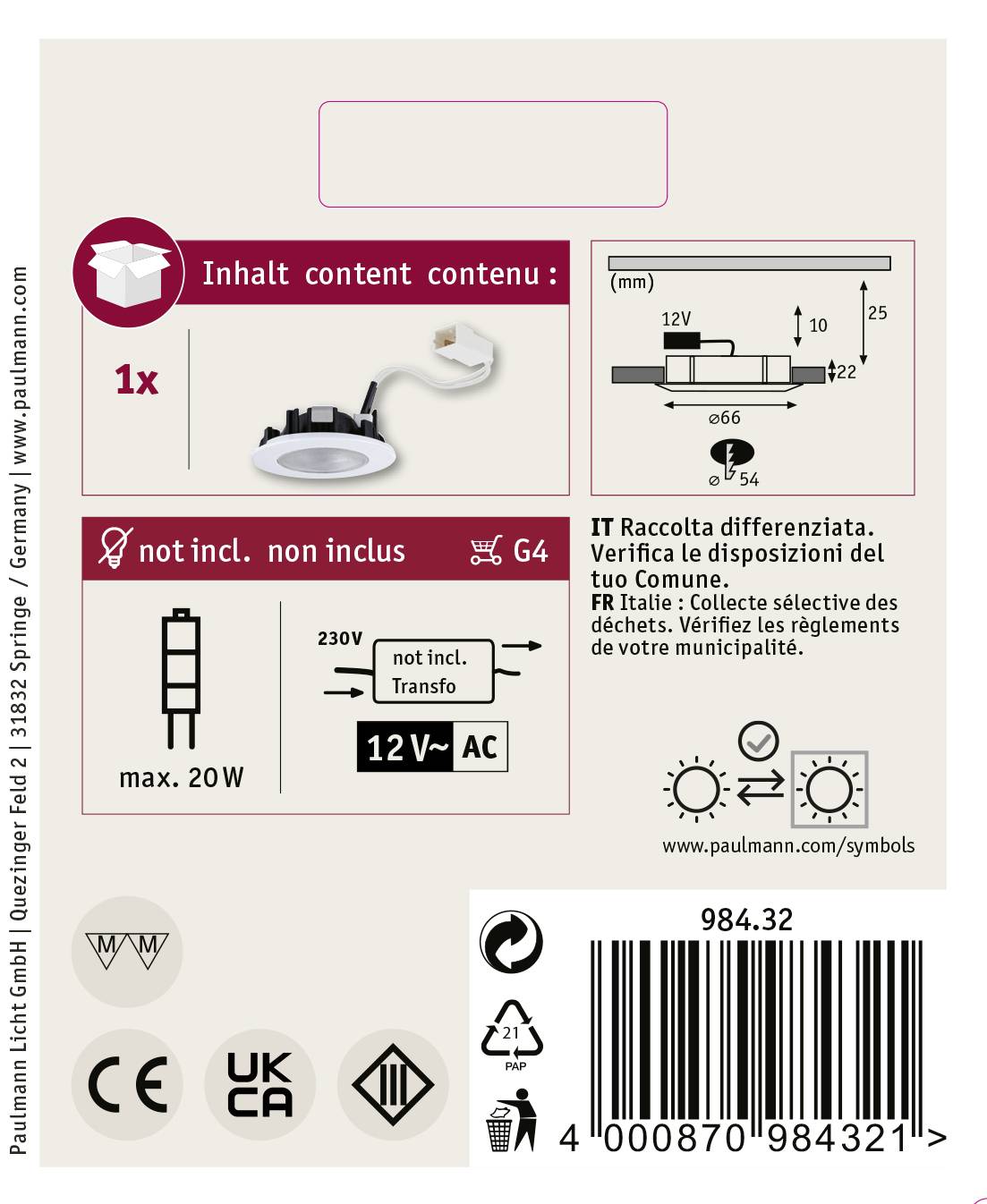 Paulmann 98432 Structure Einbauleuchte LED, Halogen G4 20W Weiß