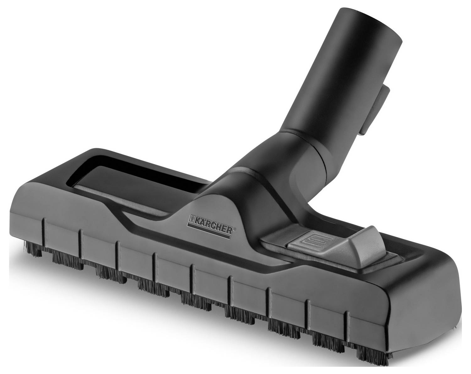 Saugdüse mit Borsten, angewinkeltem Rohr und rechteckiger Basis, die zum effektiven Reinigen von harten Böden mit einem Staubsauger verwendet wird.