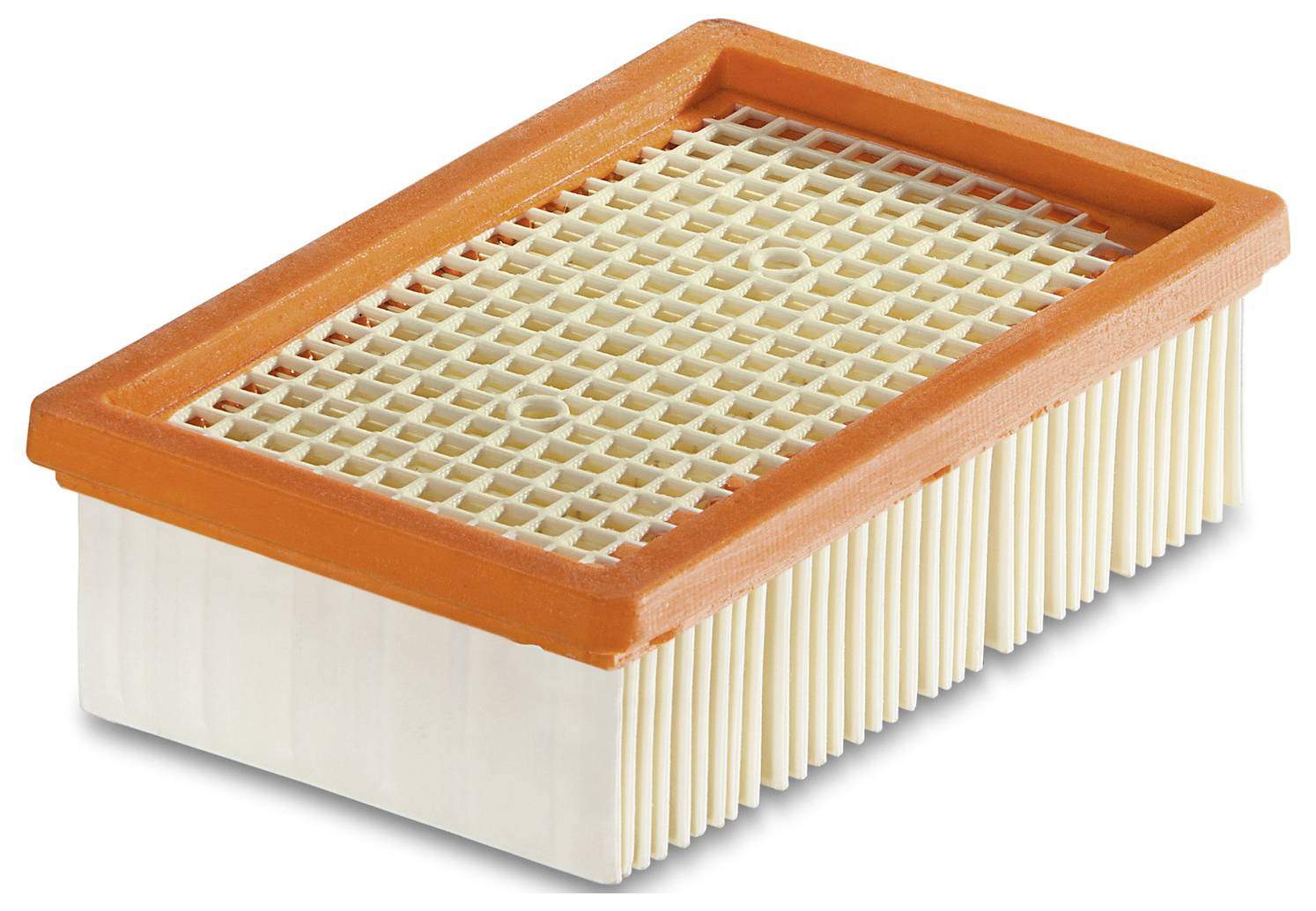 Rechteckiger Luftfilter mit orangefarbenem Rahmen und weißem Faltenpapier.