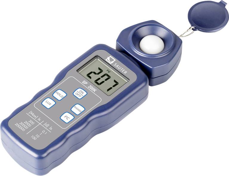 Ein digitales Luxmeter zeigt eine Messung von 207 Lux. Es hat Tasten zur Steuerung verschiedener Funktionen und eine abnehmbare Sensorabdeckung.