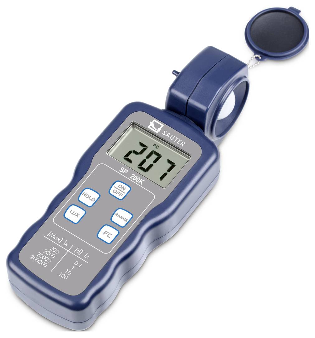 Ein digitales Luxmeter mit Displayanzeige '207', Tasten für ON/OFF, Mode, Lux/FC, und Hold. Sensorkappe teilweise geöffnet.