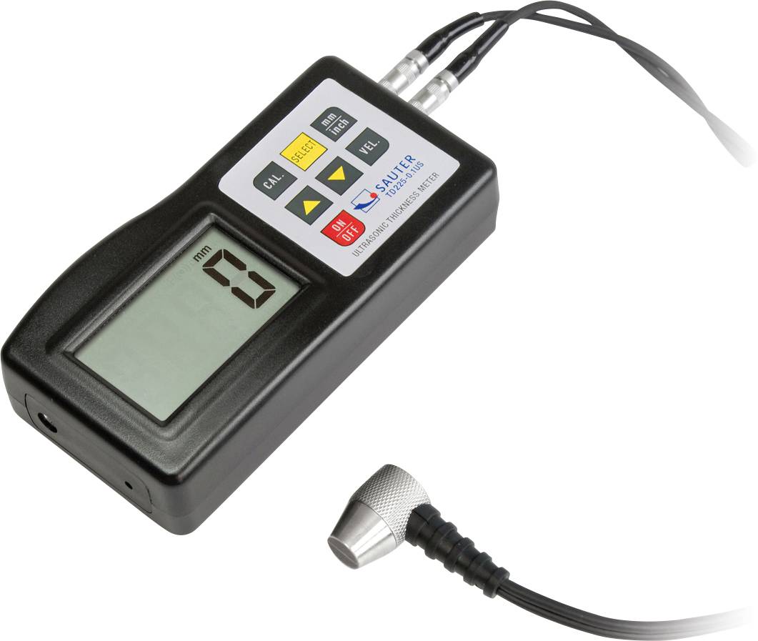 Handheld Ultrasonic Dickenmessgerät mit LCD-Display, Tasten zur Kalibrierung, Startknopf und angeschlossenem Sensor zur Materialmessung.