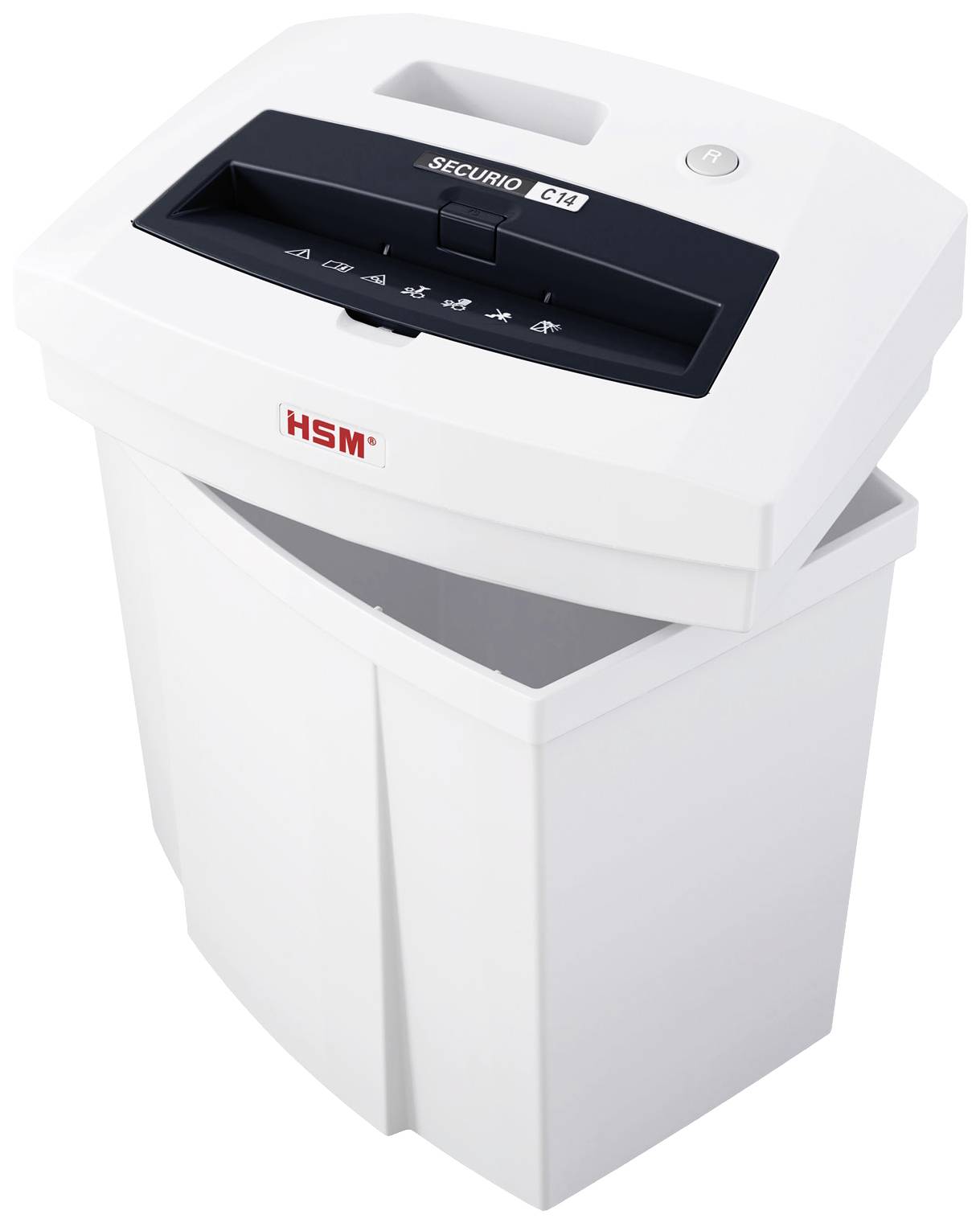 Ein weißer Aktenvernichter-Modell 'HSM Securio C14' mit offenem Papierkorb und mehreren zerkleinerten Papierresten sichtbar.