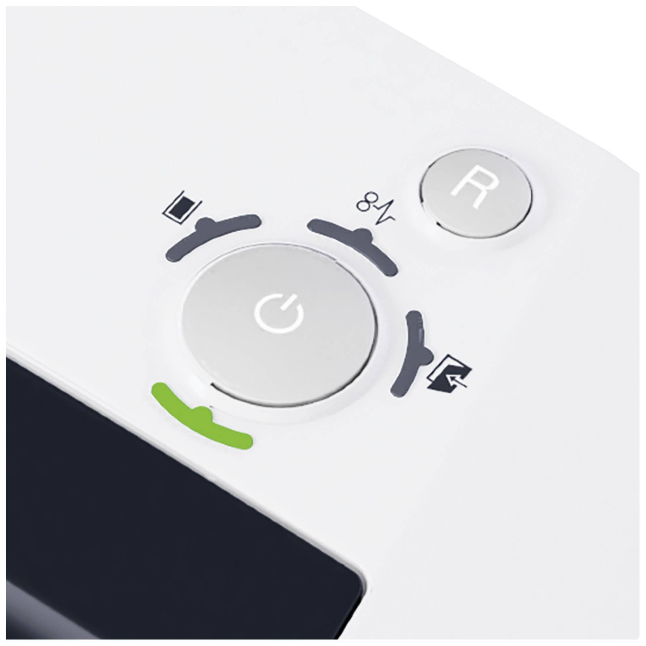 Bedienfeld eines Druckers mit einem großen Netzschalter in der Mitte, umgeben von Symbolen für Papierzufuhr und andere Funktionen.