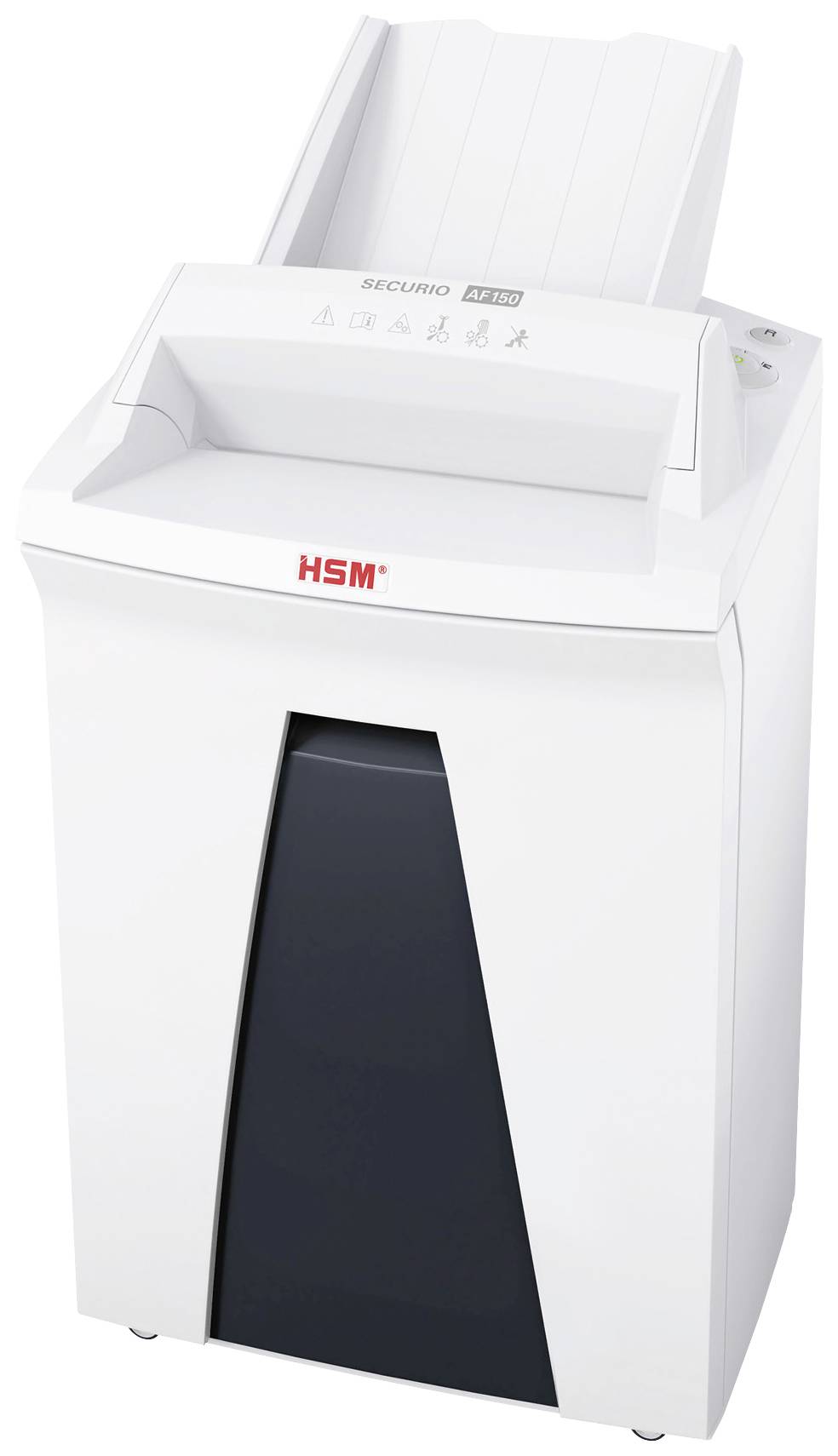 Ein weißer Aktenvernichter mit Papierzufuhr und Bedienelementen auf der Oberseite; Symbol für Datenschutz und Informationssicherheit im Büro.