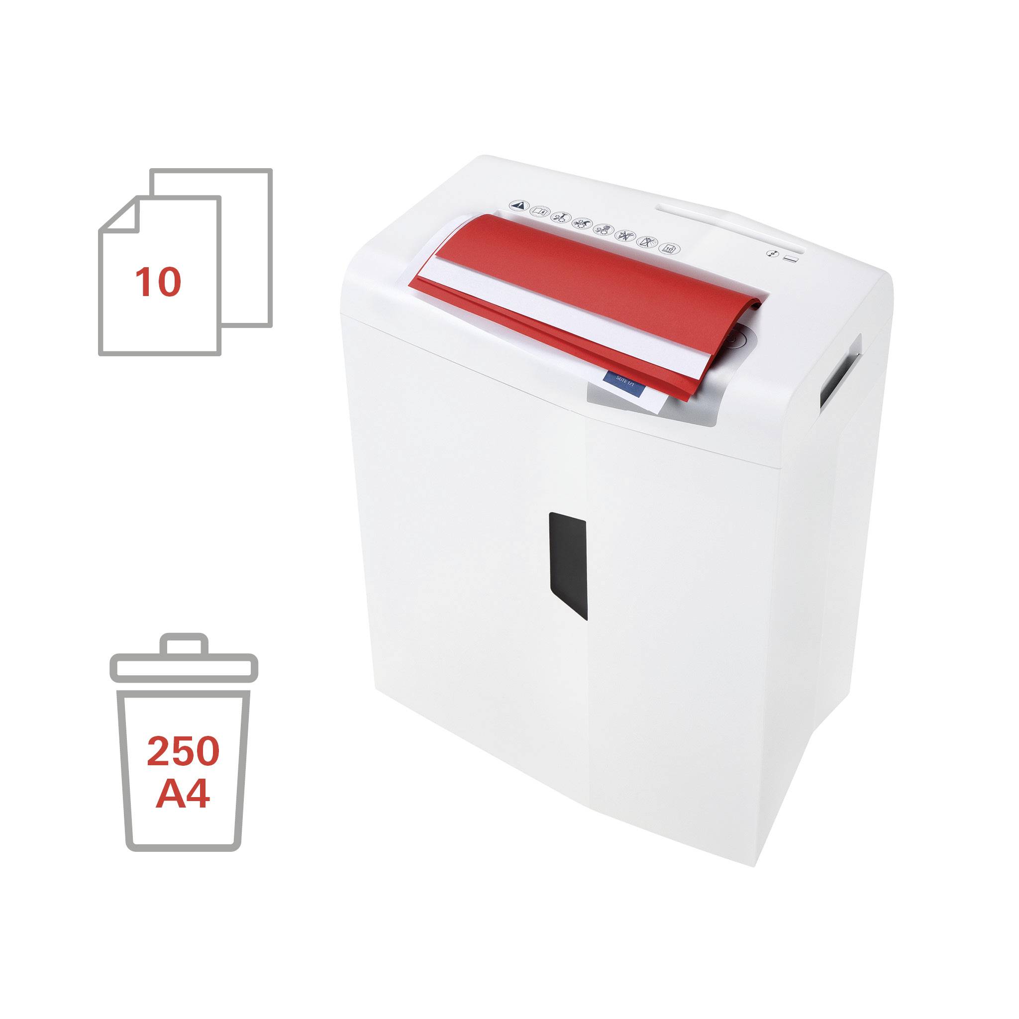 Ein weißer Aktenvernichter zerkleinert rote Papiere. Symbole zeigen Kapazität: 10 Blätter auf einmal, 250 A4-Blätter im Auffangbehälter.
